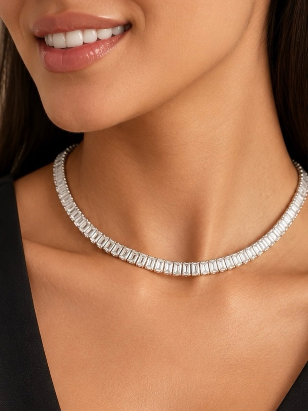 Silver Tone Baguette Crystal Tennis Necklace